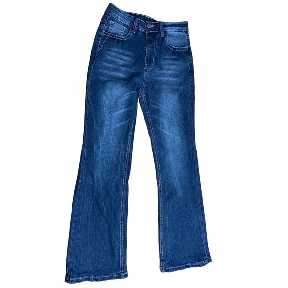 Womens Size Medium Blue Jeans Embroidered Wings Boot Legs Stretch Midrise Y2K - Picture 2 of 8